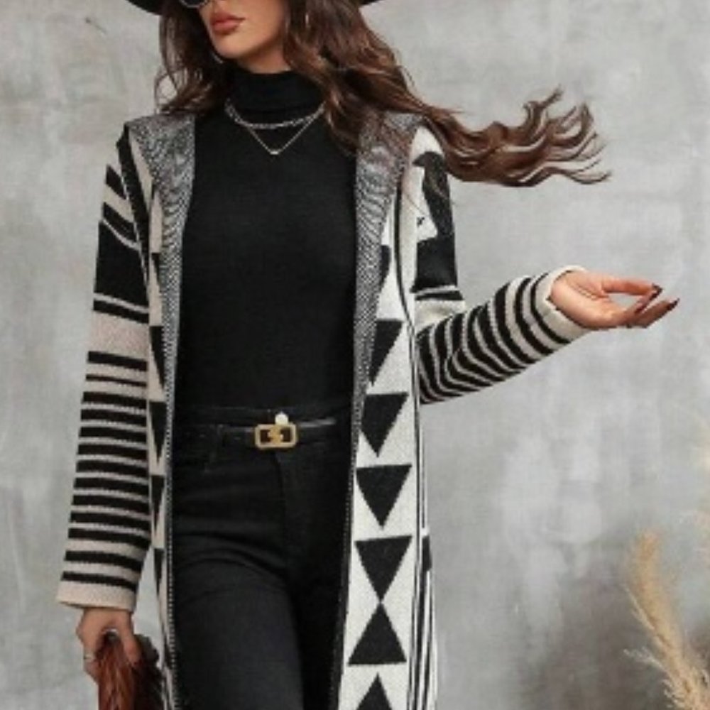 Geo Pattern Hooded Duster Cardigan